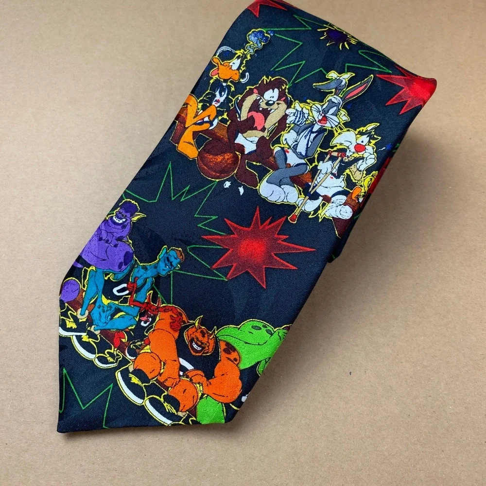 VTG Looney Tunes Mania Space Jam Monstars Mens OS Black Polyester Graphic Tie